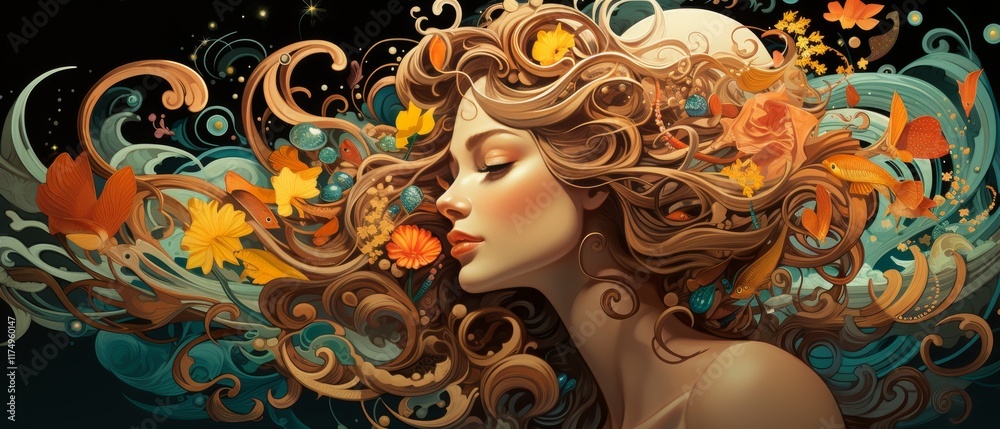 Ethereal Woman Surrounded by Colorful Blossoms and Swirling Patterns Ethereal Woman Surrounded by Colorful Blossoms and Swirling Patterns