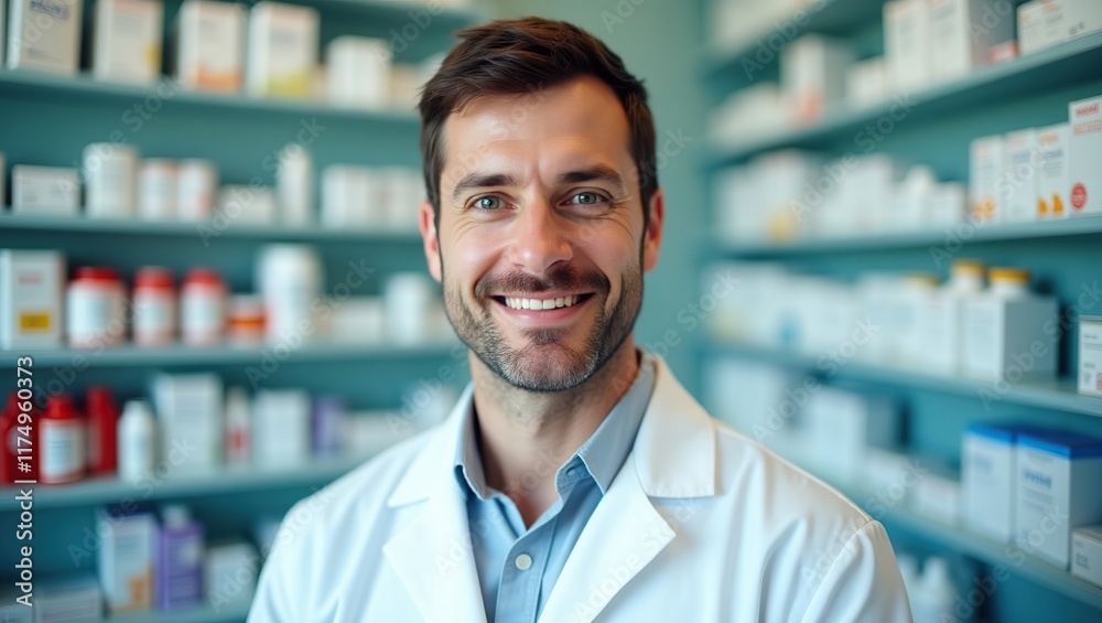 Detailed confident male pharmacist, with short, dark brown hair, piercing blue eyes, reassuring smile, wearing a crisp, pristine white lab coat .