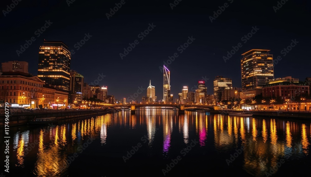 Fototapeta premium Night cityscape, river reflection, city lights, urban scene, architectural panorama