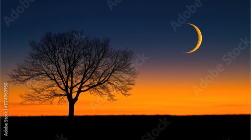 A lone tree silhouette against a vibrant sunset with a crescent moon. Ideal for desktop wallpapers, nature-themed designs, or social media posts.
