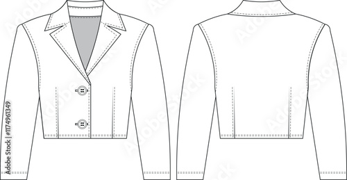 collared buttoned tailored darted cropped crop short blazer jacket coat template technical drawing flat sketch cad mockup fashion woman design style model 
