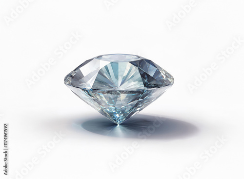 A brilliant, light-blue diamond, flawlessly cut, casts a gentle shadow on a pristine white background.  Its facets sparkle with an inner light. photo