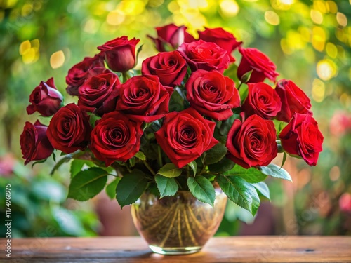 Festive Red Roses Bouquet in Elegant Vase - Stock Photo