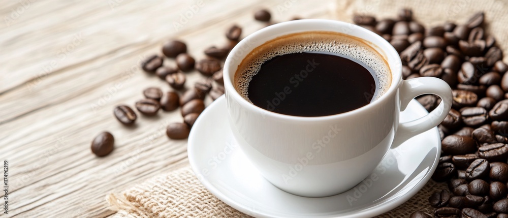 A cup of coffee surrounded by coffee beans on a wooden surface. A cup of coffee surrounded by coffee beans on a wooden surface.