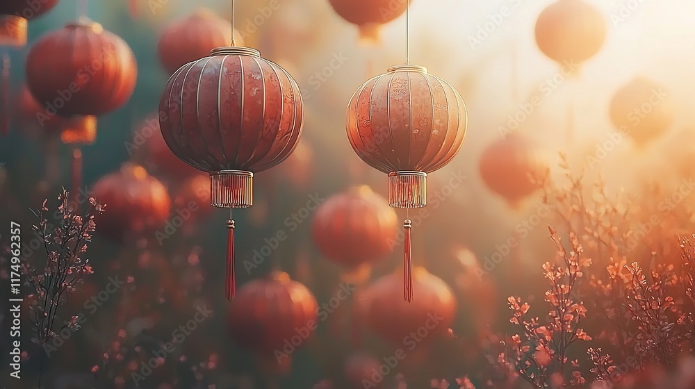 Red lanterns hanging amidst blooming flowers at sunset. Red lanterns hanging amidst blooming flowers at sunset.