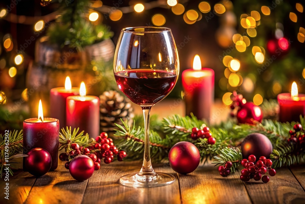 Festive Red Wine Glass on Holiday Table Setting - Stock Photo Festive Red Wine Glass on Holiday Table Setting - Stock Photo