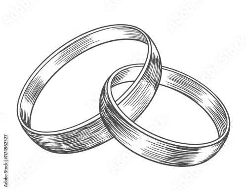 Sketch style wedding rings. Black and white illustration for Valentines day. Symbols of love and fidelity. Male and female ring interlocked with each other