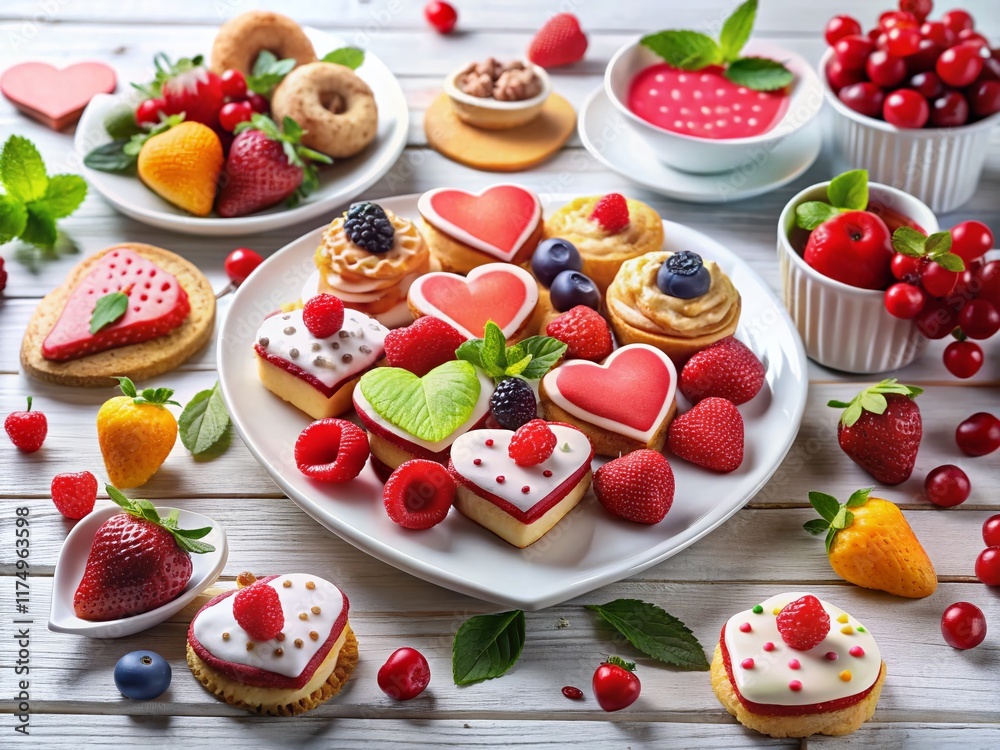 Fototapeta premium Festive Valentine's Day Dessert Plate: Colorful Cookies, Cakes & Strawberries