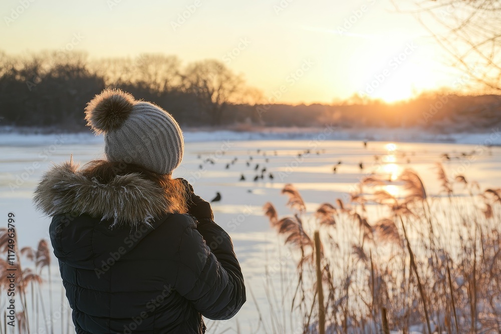 Fototapeta premium Woman, winter coat, sunset, frozen lake, serene view.