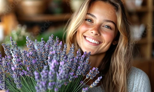 Close-up portrait of a happy young woman with a bouquet of lavender flowers, smiling at the camera.  She has beautiful blonde hair, green eyes, and freckles. 