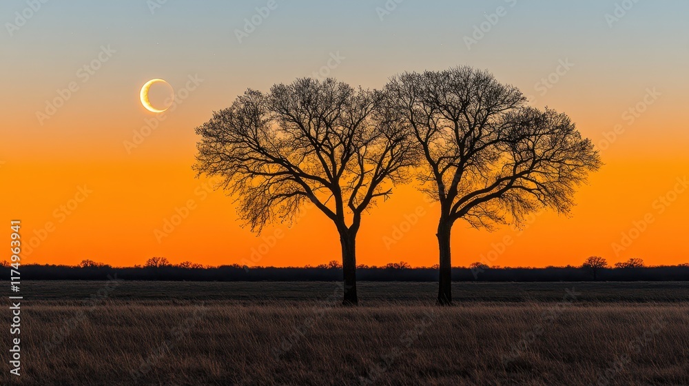 Fototapeta premium Silhouetted trees stand against a vibrant orange sunset sky with a crescent moon. Ideal for nature lovers and desktop backgrounds.