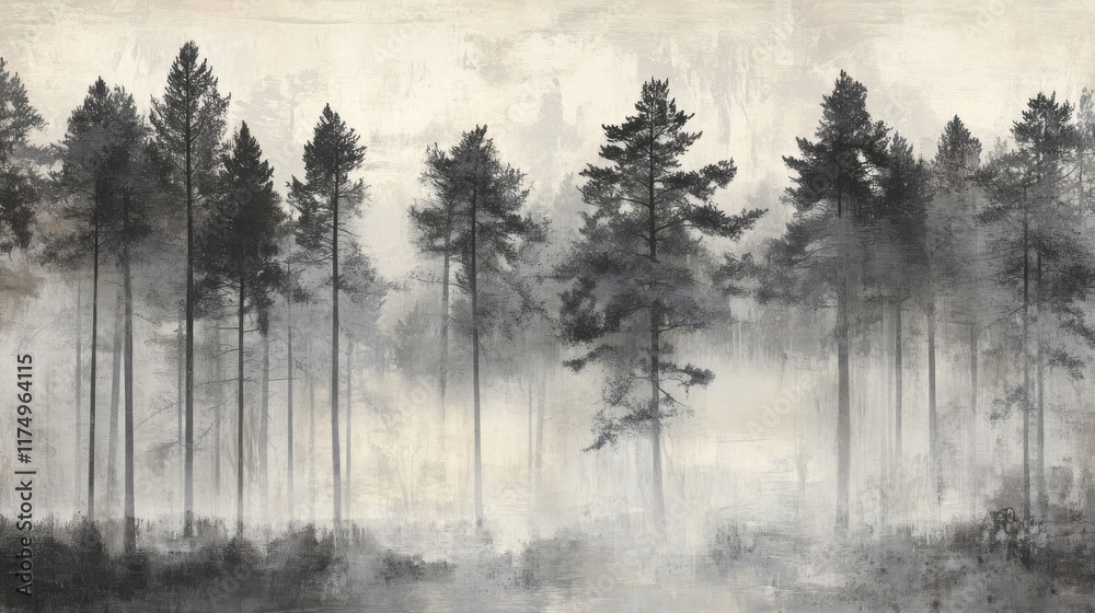 Fototapeta premium Misty forest scene with tall, dark pine trees in a grayscale palette.