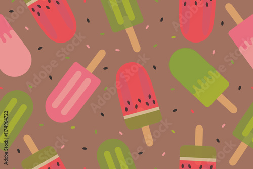 Popsicle seamless pattern vector illustration, Cute Popsicle with sprinkles on mocha mousse background. Vector 