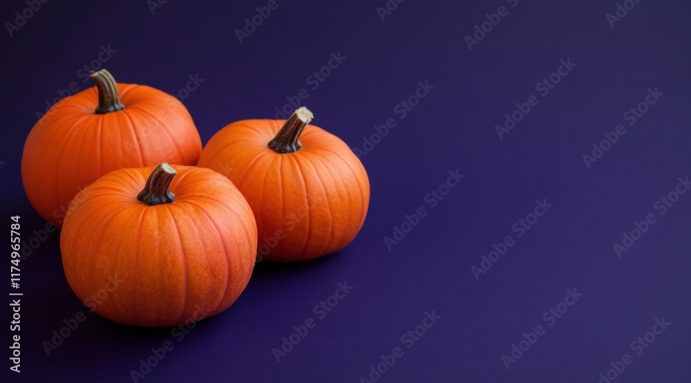 Three Halloween pumpkins on a purple background, with a dark blue color theme and ample copy space. Three Halloween pumpkins on a purple background, with a dark blue color theme and ample copy space.