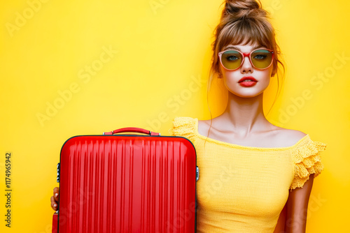 Wallpaper Mural Tourist woman in glasses with red suitcase on yellow background. Beautiful girl passenger traveling abroad for weekend getaway, air travel concept. Space for text. Torontodigital.ca