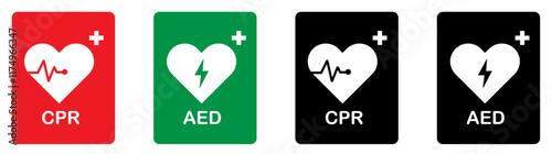 CPR and AED vector icons in red, green and black color isolated set on white background. Emergency defibrillator signs set. Automated external heart defibrillator. Heart electricity icon. Aid icon. 