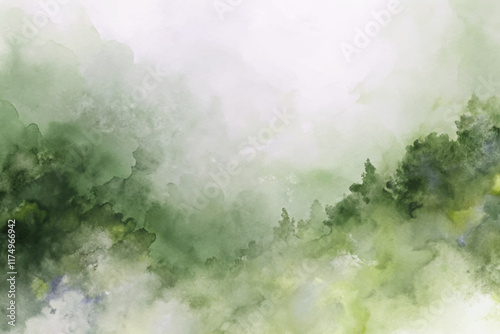 Soft green watercolor background, misty forest landscape, tranquil nature scene, artistic abstract design.