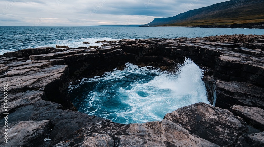 Fototapeta premium Ocean waves crashing into a rocky cove.