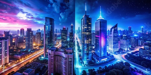 Wallpaper Mural Night Cityscape: Two-Tone Purple and Blue Urban Scene Torontodigital.ca