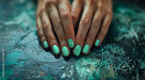 Close up of a beautiful woman's hands with a hot green manicure