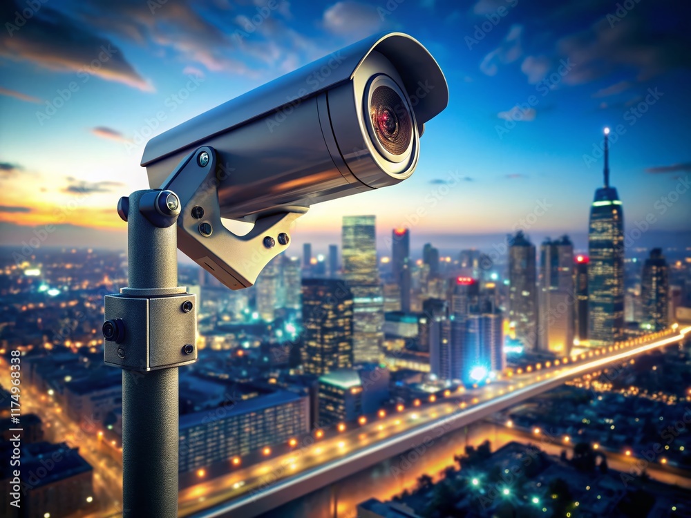 Night City Surveillance: Security Camera on Pole with Deep Depth of Field Night City Surveillance: Security Camera on Pole with Deep Depth of Field