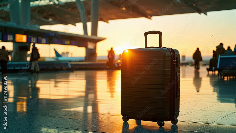 Unattended Lost Black Hardshell Luggage in Airport Baggage Reclaim. Sleek design Background at Sunset. with copy space. Unattended Lost Black Hardshell Luggage in Airport Baggage Reclaim. Sleek design Background at Sunset. with copy space.