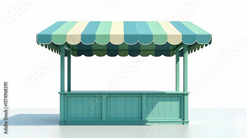 Charming pastel-colored market stall awaits!  Striped awning, wooden counter. Perfect for summer!