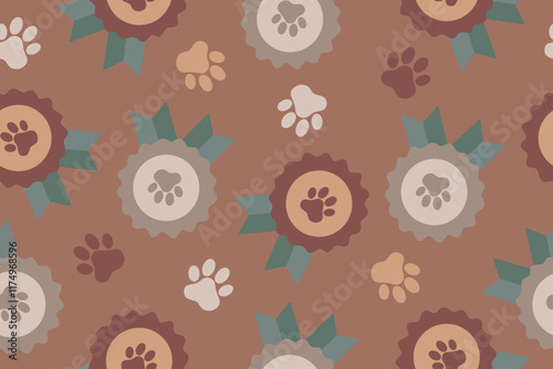 Seamless pattern of award symbol icon. Badge with dog or cat paw print and ribbons. Pet show winner concept. Vector illustration on mocha mousse background