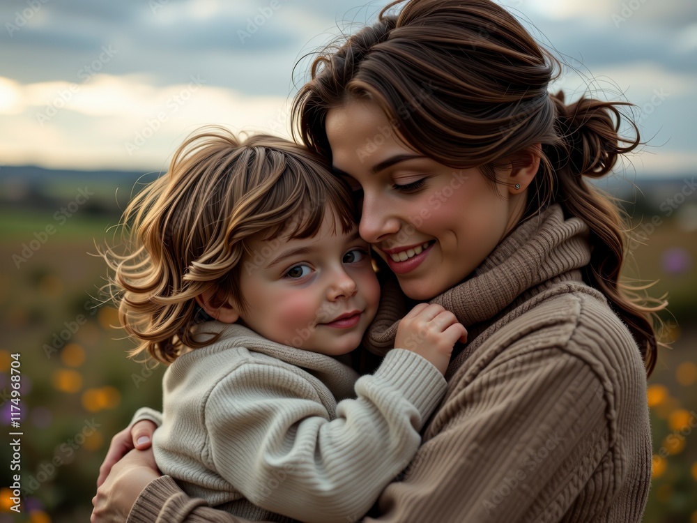Tender Embrace Mother and Young Child in Autumnal Field Tender Embrace Mother and Young Child in Autumnal Field