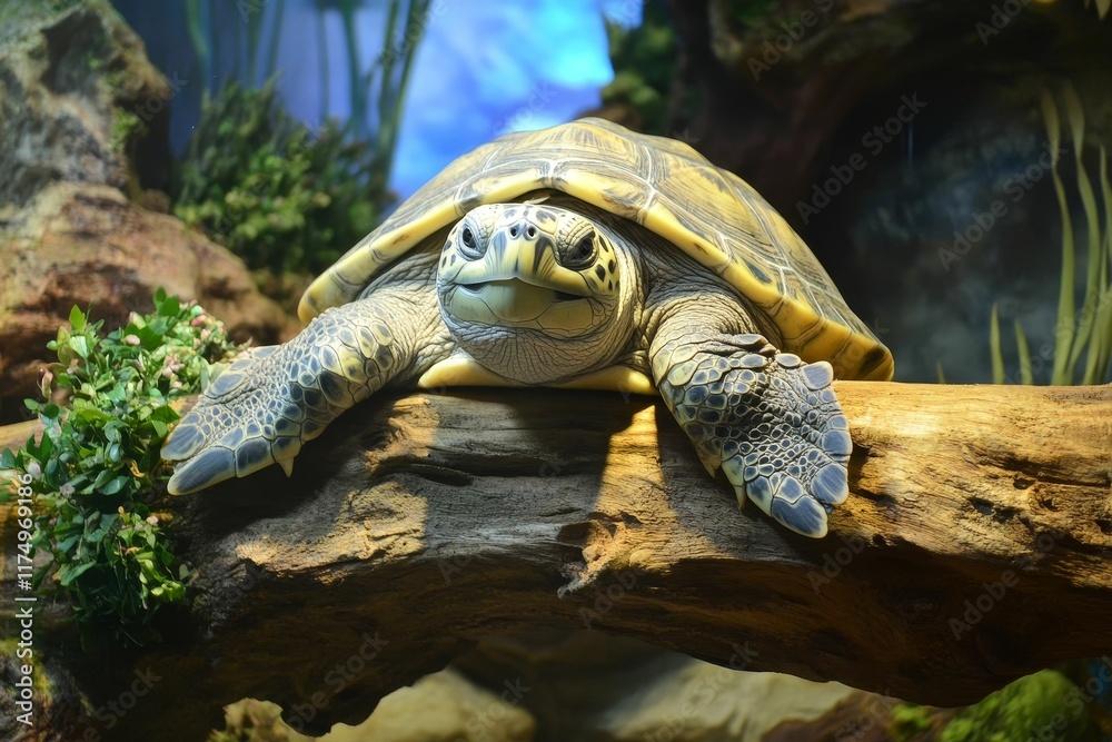 Naklejka premium Large turtle rests on wood, aquatic plants nearby.