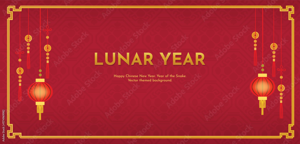 Naklejka premium Lunar year red vector background. Traditional decoration: paper lanterns and coins on the ornament with a golden frame.