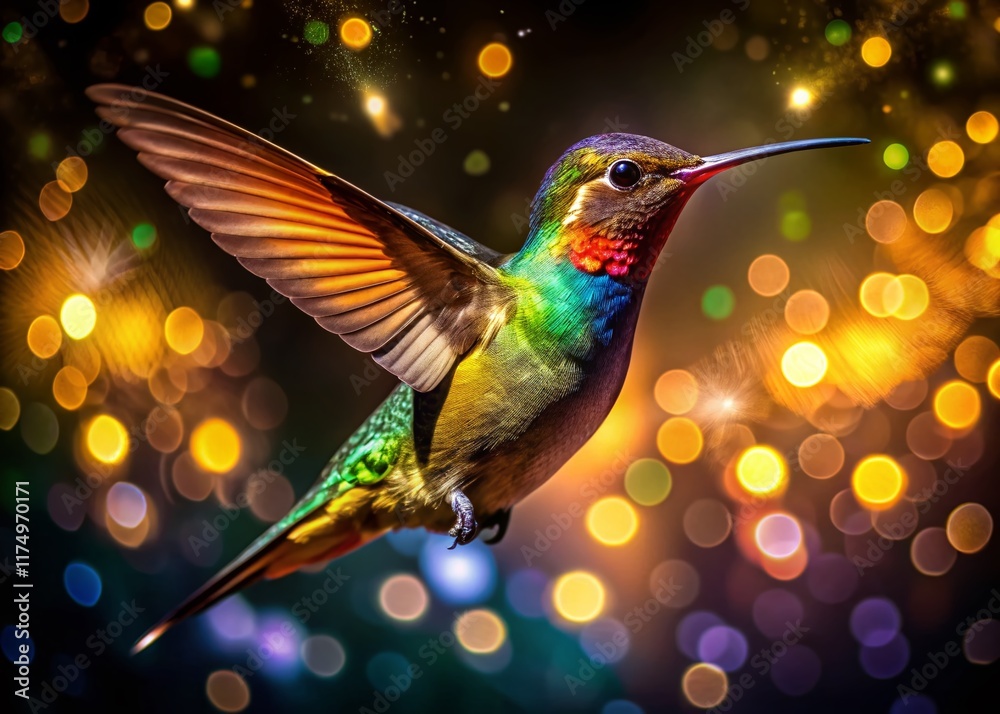 Obraz premium Night Hummingbird Flight, Blurred Wings, Dark Background, Sparkling Lights