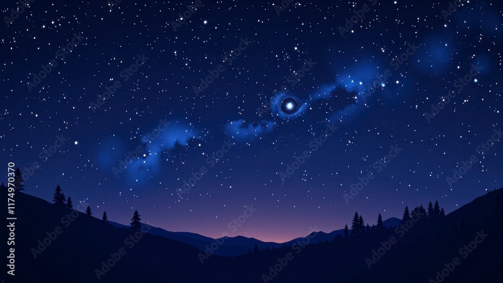 Serene Night Sky over Silhouetted Mountain Range with Stars and Nebulae Serene Night Sky over Silhouetted Mountain Range with Stars and Nebulae