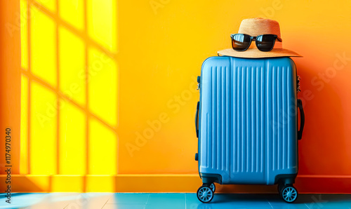 Wallpaper Mural Blue suitcase with glasses and hat on yellow background. Travel concept. Minimalistic style, air travel concept. Place for text. 3D rendering. Torontodigital.ca