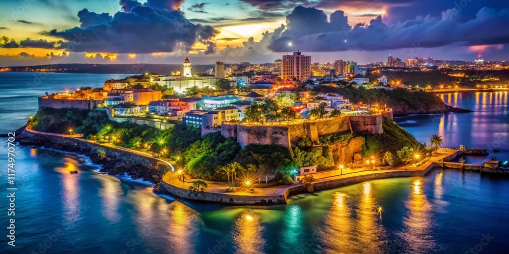 Fototapeta premium Night Lights Illuminate San Juan Puerto Rico Map