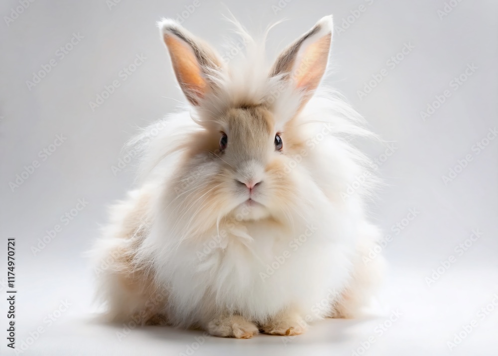Obraz premium Fluffy English Angora Rabbit on White Background - Studio Drone Shot