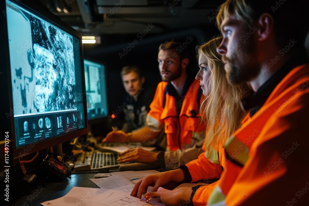 Obraz premium Team in safety gear strategizes rescue mission with interactive screen in dimly lit control room
