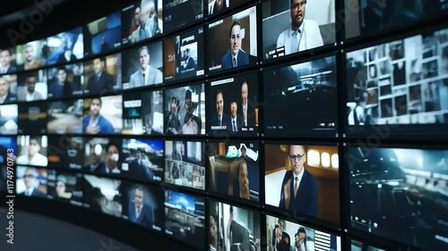 Global Newsroom Multiple Video Screens Displaying Diverse Stories