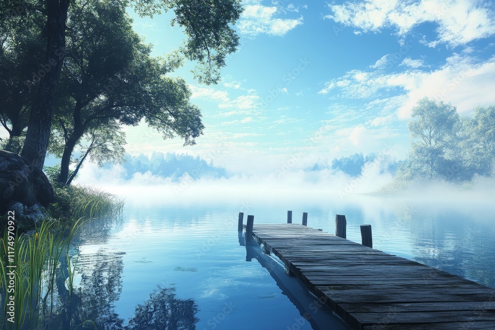Naklejka premium Serene lakeside scene with mist, wooden dock, trees, and reflections under a clear blue sky