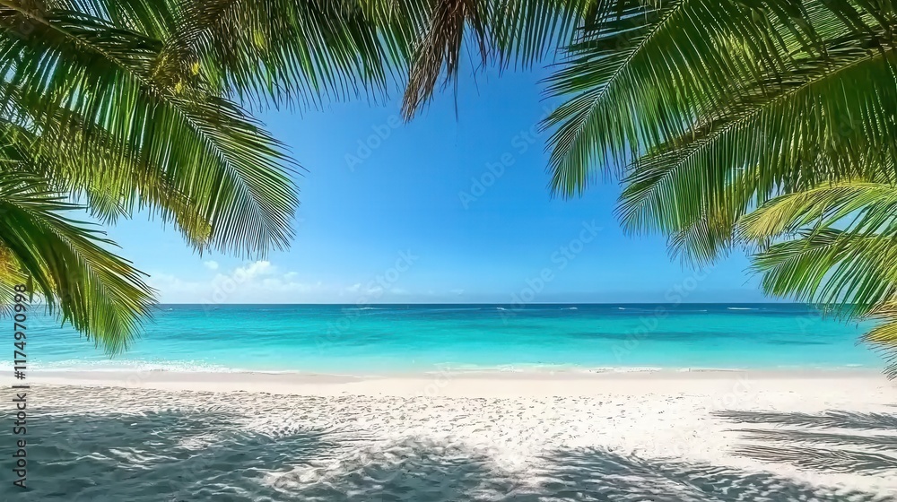 Fototapeta premium A serene beach with white sand and turquoise water framed by lush palm trees. Ideal for travel and tourism applications.