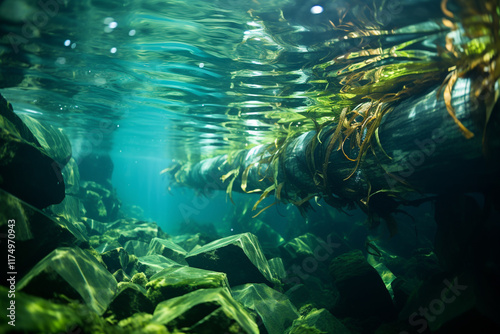 seaweed is turned into a beautiful backdrop in underwater world, with its vibrant green textures, graceful movement, and calming presence of marine plants photo