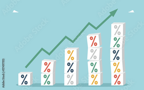 Assessing profitability or risks of innovative projects, payments from share of investments, choosing best interest rates on loans or deposits, ascending arrow above columns of percentage cubes.