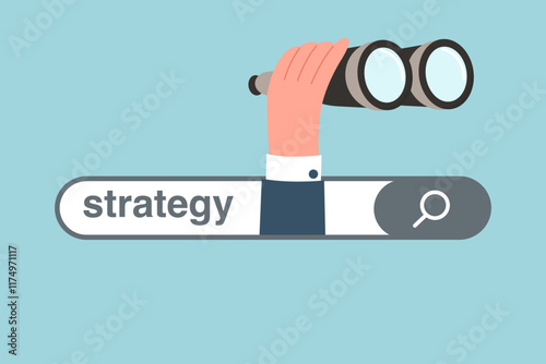 Creative approach to finding business strategies, secret key to generating ideas, brainstorming to create innovation, motivation for high results, hand with binoculars from search bar with strategy.