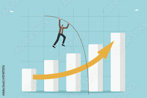 Leadership to achieve highest result, find the right strategy and business prosperity, mentoring to achieve business goals and win, growth and development, man with pole vault jumps to top of chart.