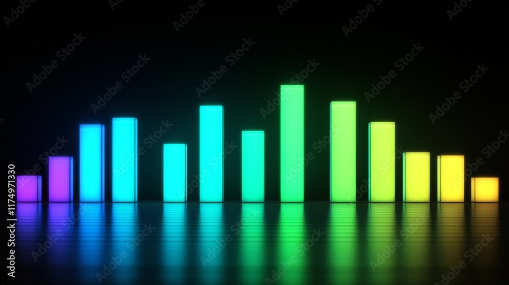 A financial bar graph displayed on a desktop monitor with vibrant bars in shades of green and blue, showing upward progress in stock trading