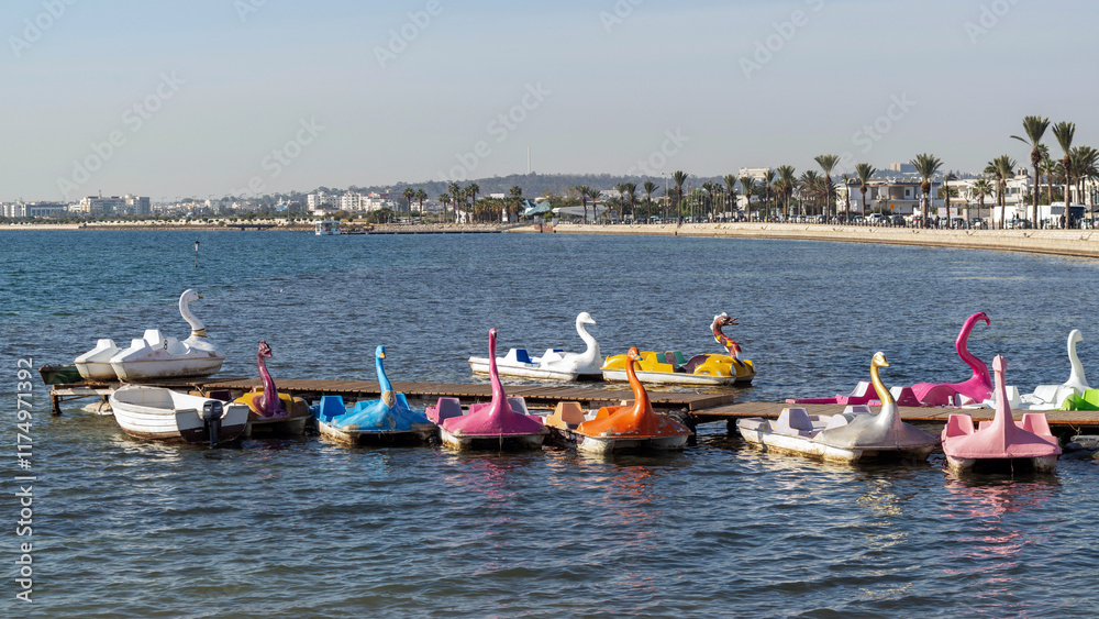 Fototapeta premium Pédalos colorés dans une base nautique