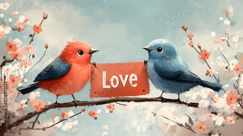 Festive banner for Love, depicting a whimsical scene with cartoon-style birds carrying