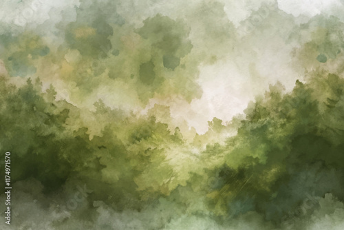 Soft watercolor landscape, lush green foliage, misty atmosphere, serene nature scene, calming background for design.