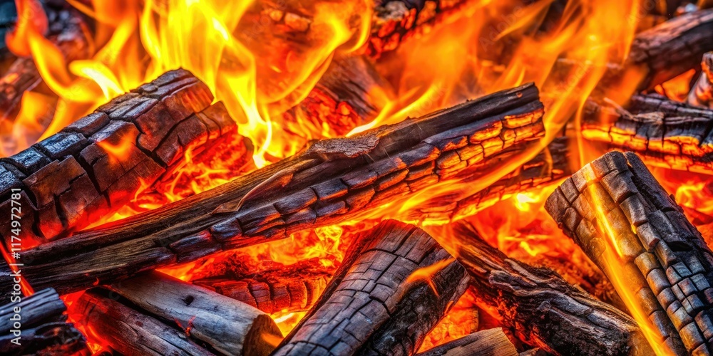 Drone captures a high-resolution close-up of burning firewood, an inferno from above.