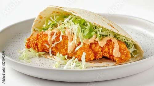 A crispy chicken wrap with spicy mayo and shredded lettuce, photo